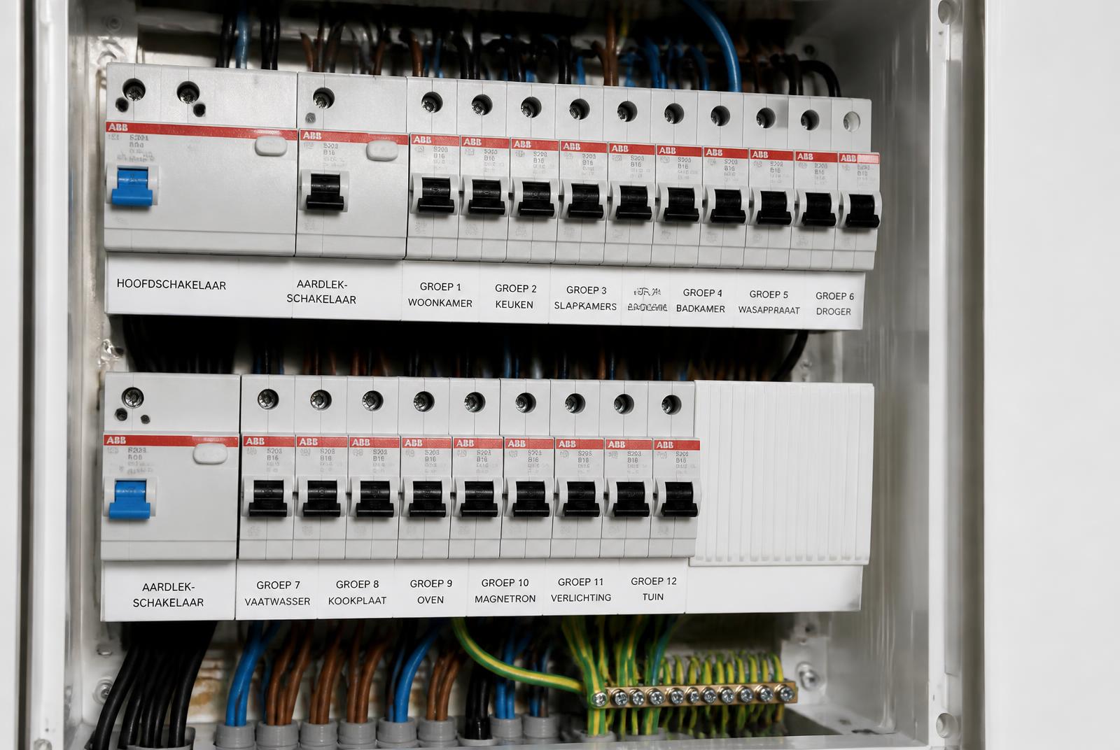 Moderne ABB-meterkast met overzichtelijke groepen in een woning